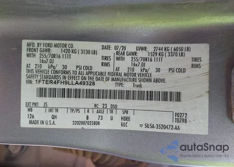 2020 Ford Ranger Xl z USA, uszkodzony, nr VIN 1FTER4FH9LLA49328